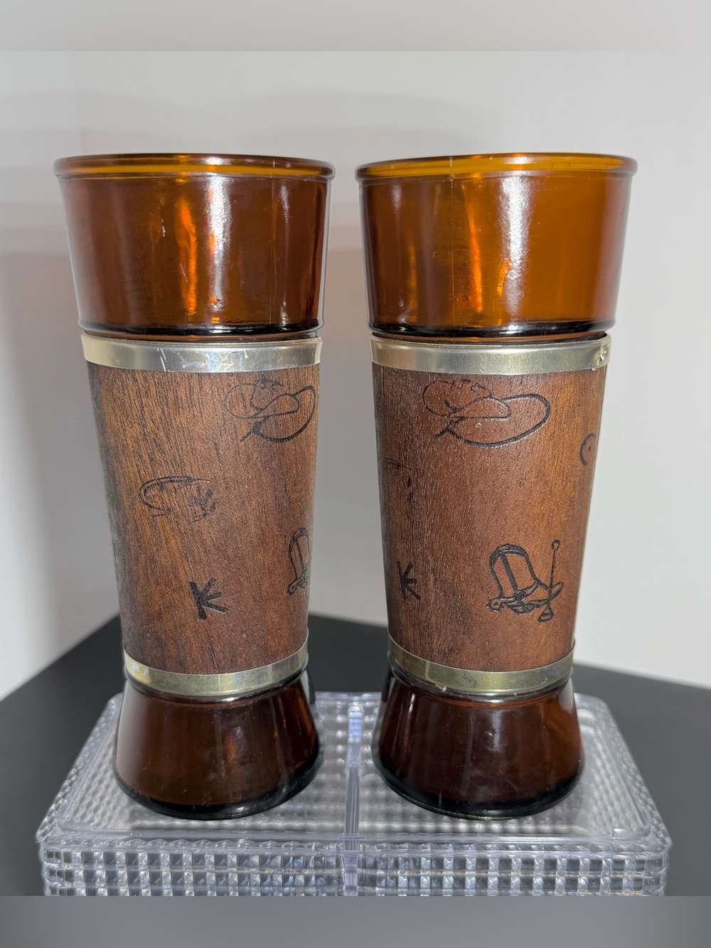 Vintage MCM Siesta Ware Amber Glass Western Tumblers - Set of 2